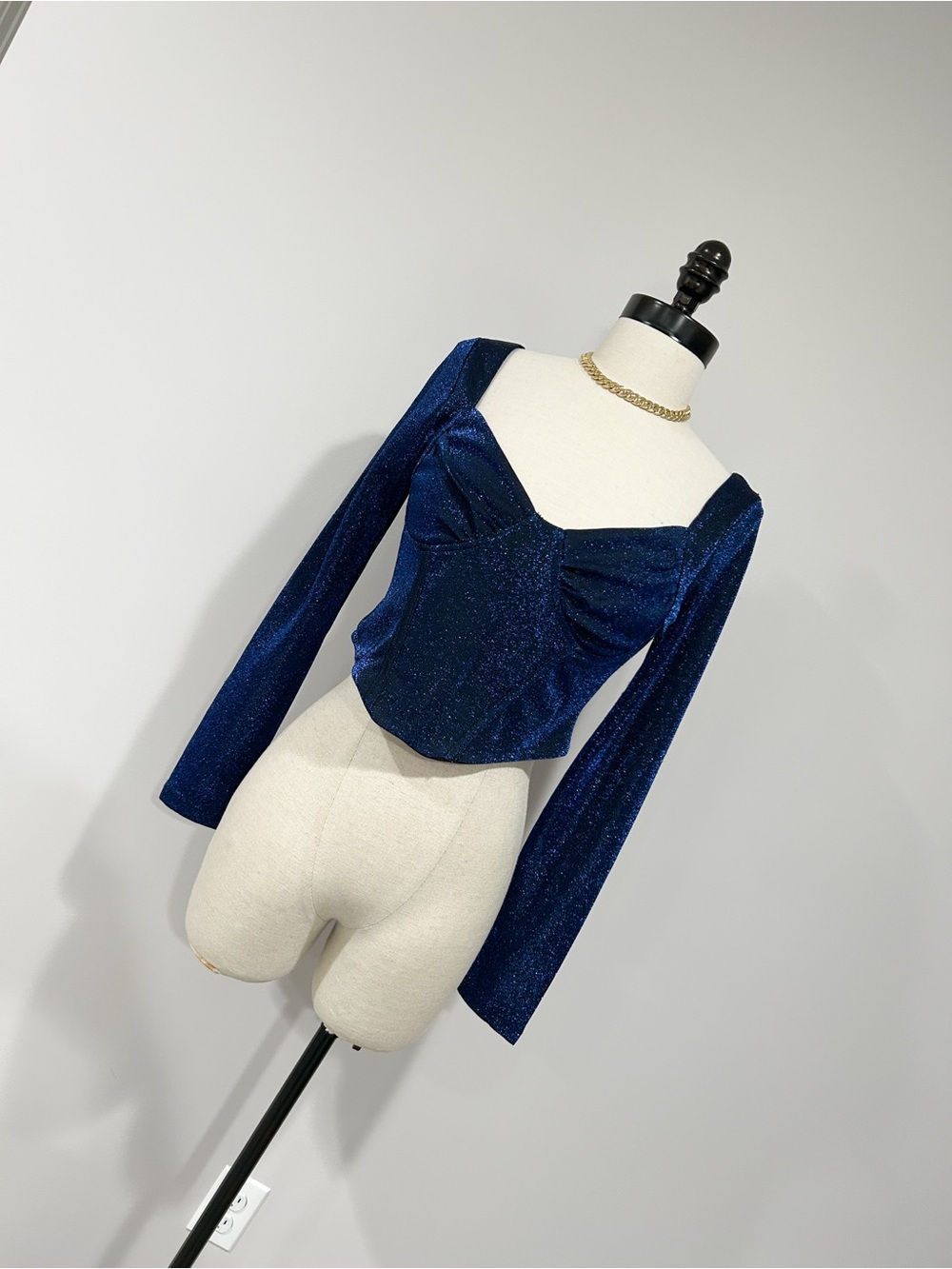 Princess Polly Navy Sparkle Sweetheart Long Sleeve Crop Top